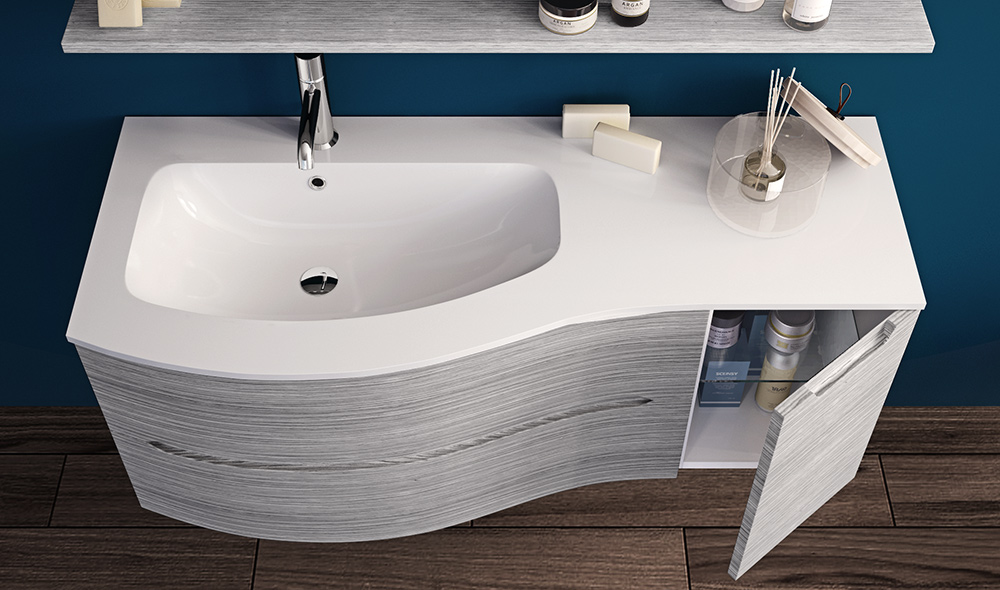 AGAPE 03, mobile da bagno curvo bianco lucido con lavabo in mineralmarmo e  specchiera con applique di Belbagno